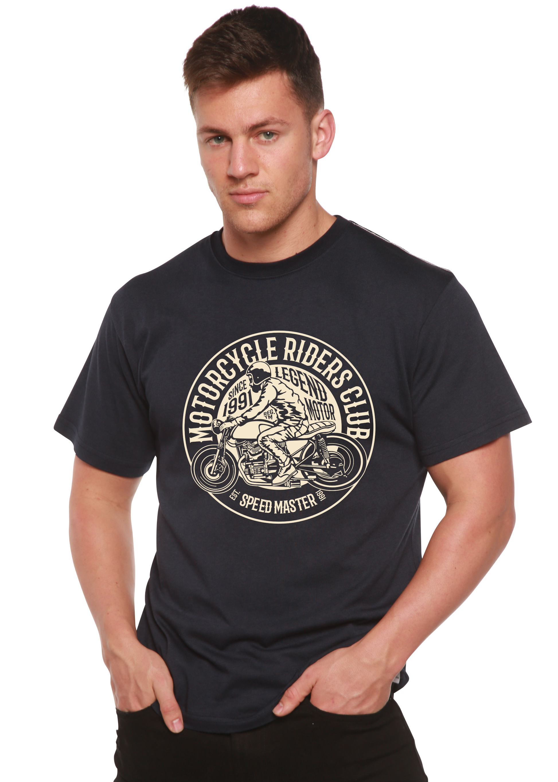Motorcycle Riders Club men's bamboo tee navy with circular motorcycle print by Spun Bamboo on Tampa Home & Garden Store