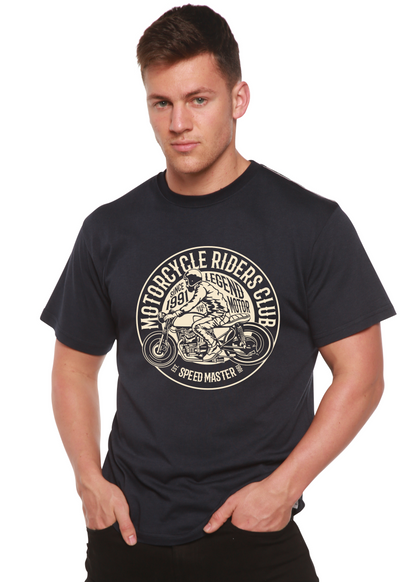 Motorcycle Riders Club men's bamboo tee navy with circular motorcycle print by Spun Bamboo on Tampa Home & Garden Store