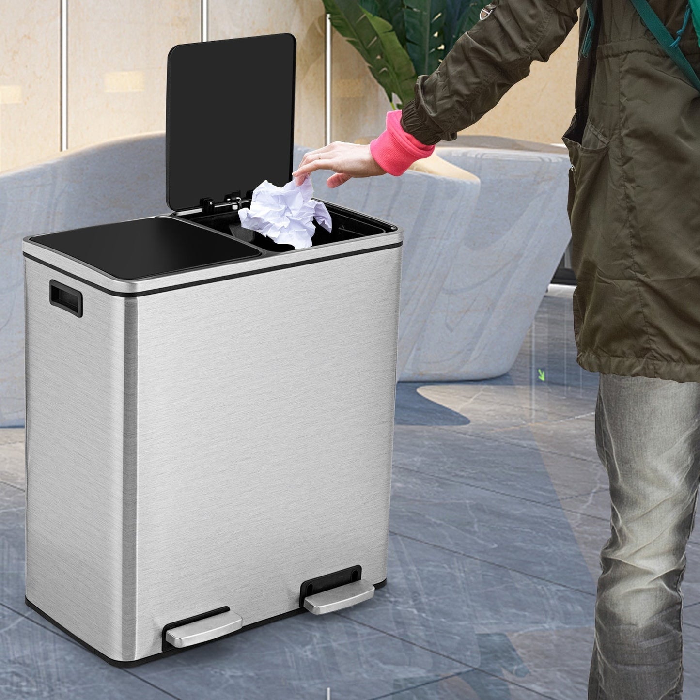 Cubo de basura doble de 60 litros para reciclaje con pedal - Plateado