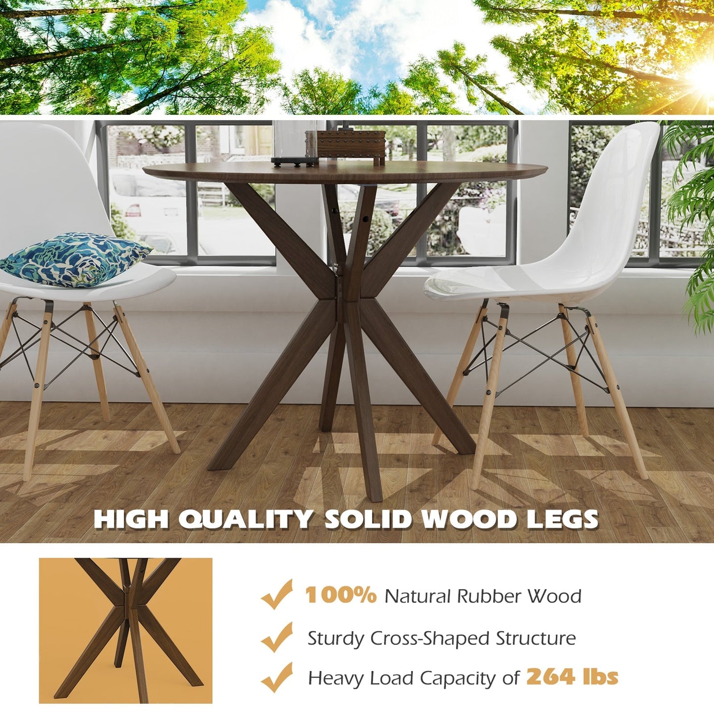 Mesa de comedor redonda de madera de 36 pulgadas con base de pedestal entrelazada