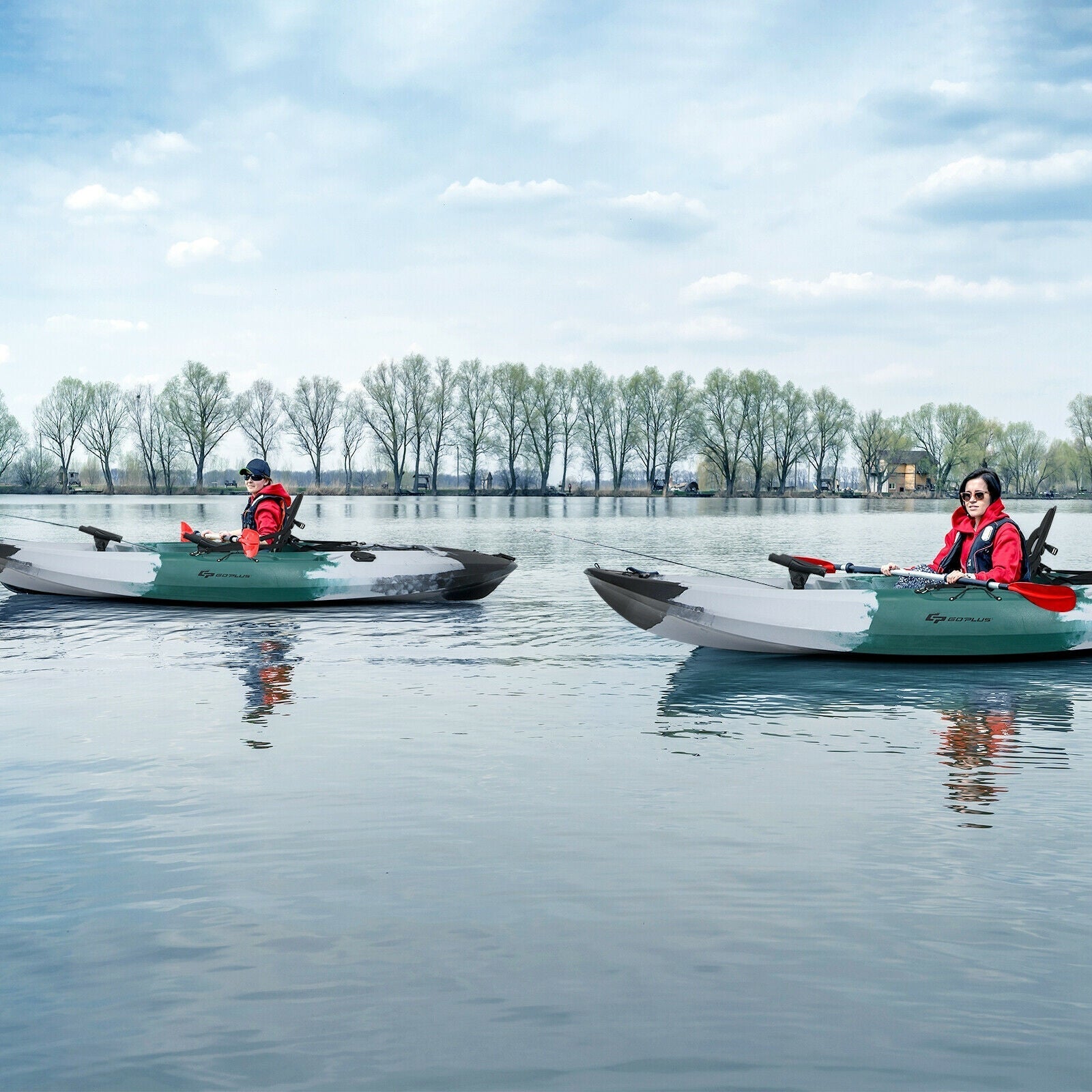 GemGear sit-on-top fishing kayaks gray with rod holders, two kayaks on a calm lake on Tampa Home & Garden Store