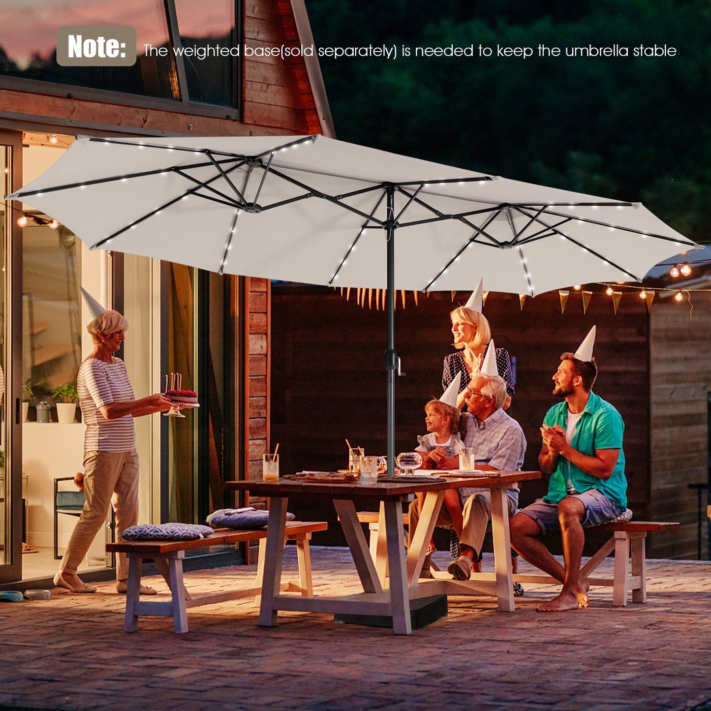 Sombrilla doble de 4,5 metros para patio con 48 luces LED solares - Beige