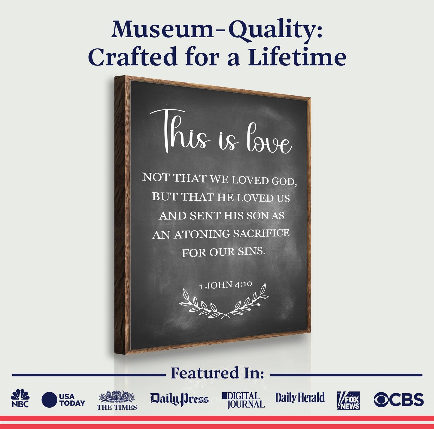 Canvas faith sign This Is Love 1 John 4:10 with chalkboard style text and wood frame on Tampa Home & Garden Store