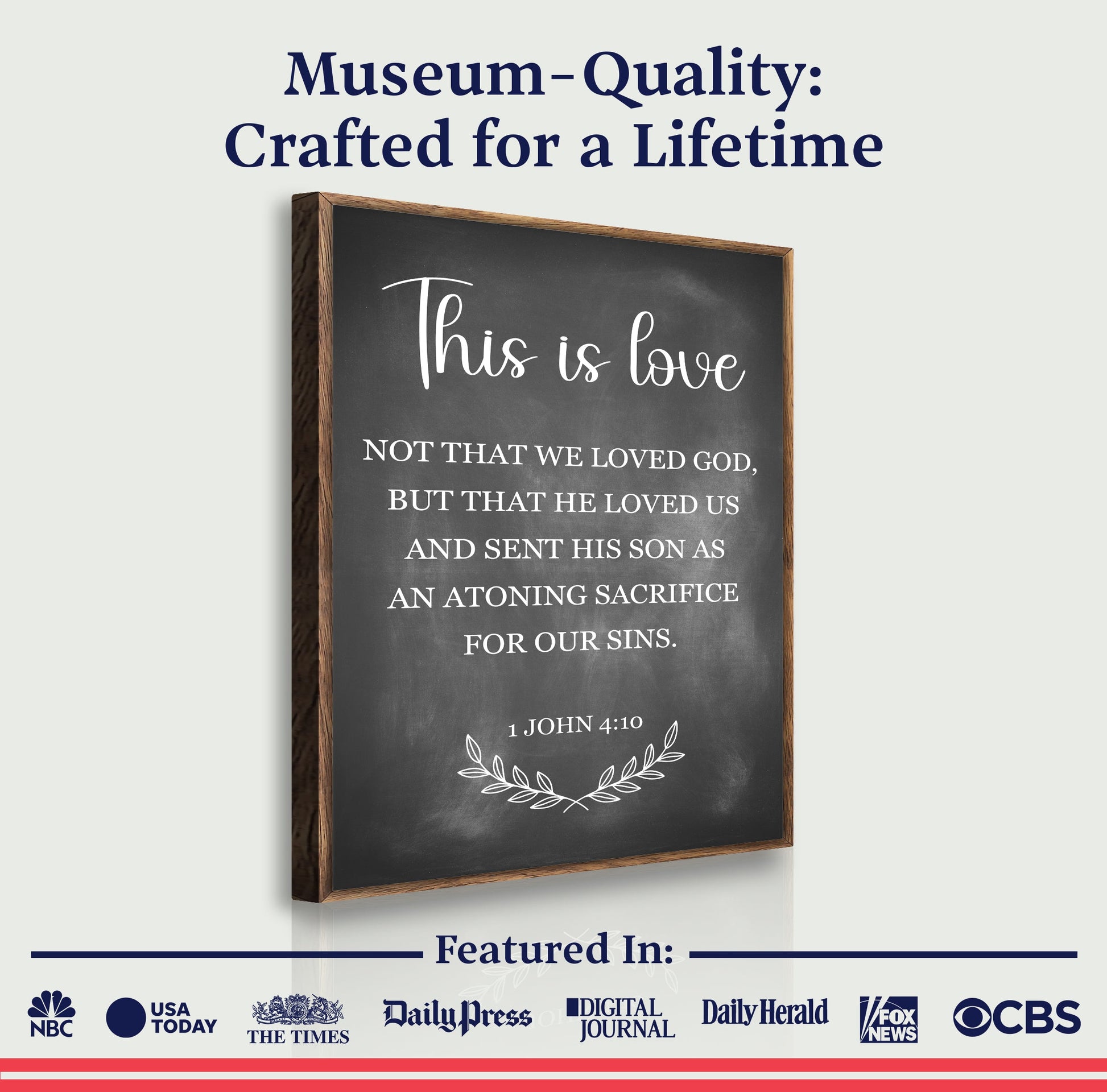 Canvas faith sign This Is Love 1 John 4:10 with chalkboard style text and wood frame on Tampa Home & Garden Store