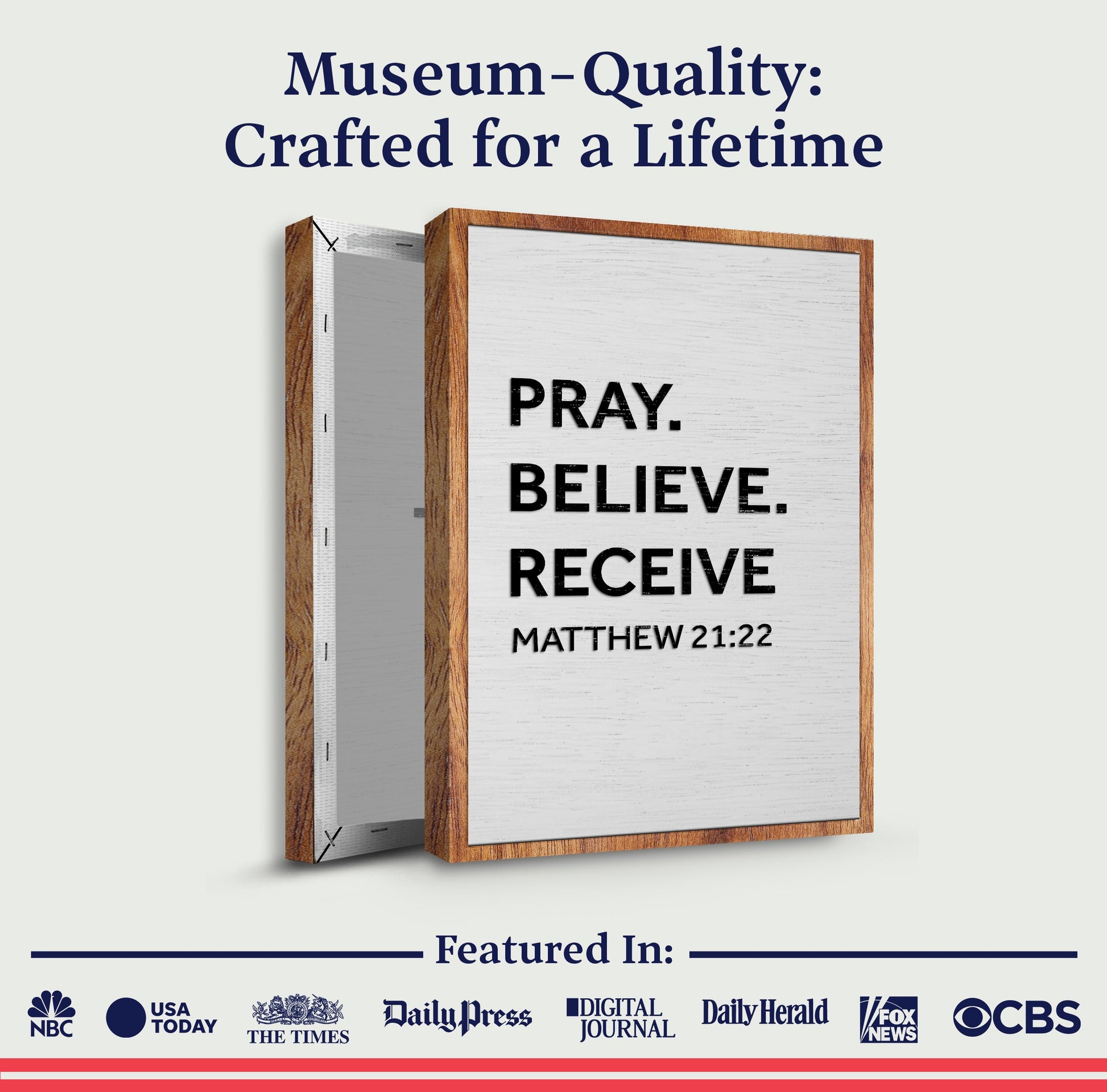Canvas crafting sign Matthew 21:22 Pray Believe Receive on wood-framed Tailored Canvases on Tampa Home & Garden Store