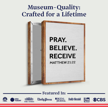 Canvas crafting sign Matthew 21:22 Pray Believe Receive on wood-framed Tailored Canvases on Tampa Home & Garden Store