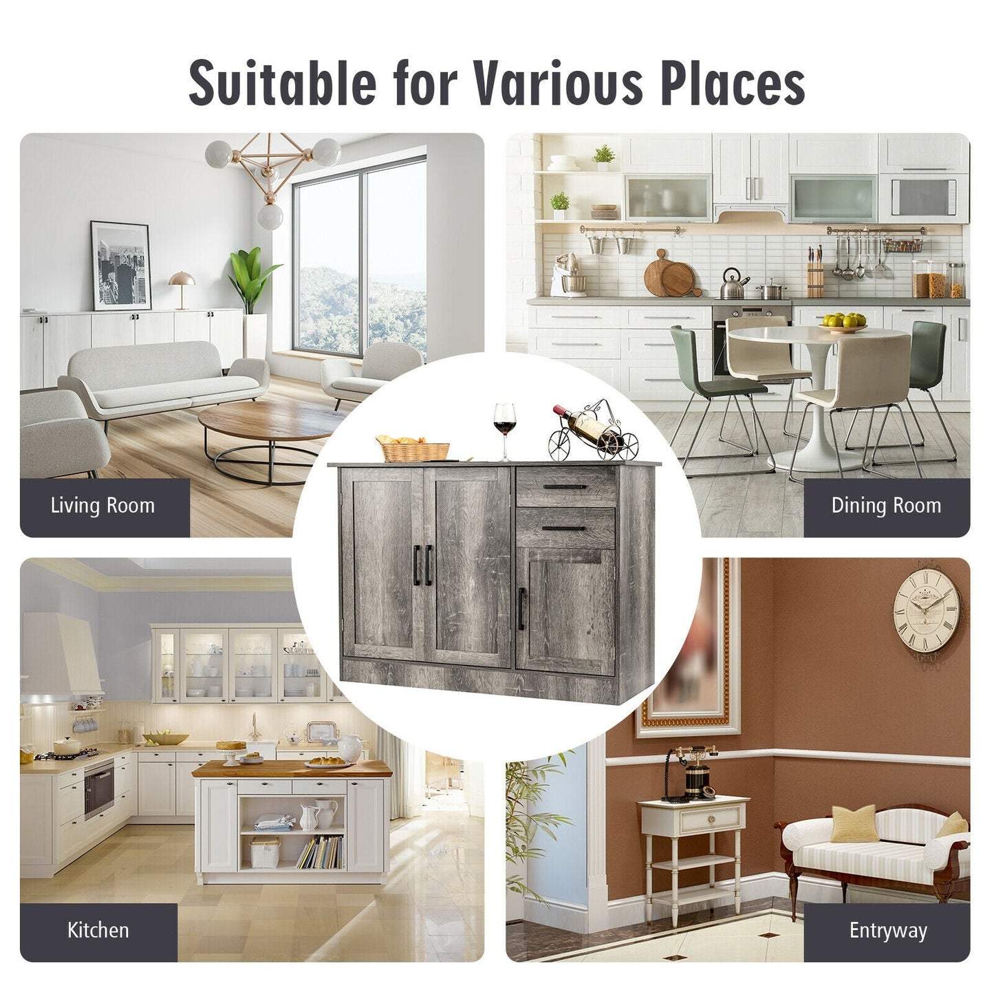 Mueble aparador con almacenamiento tipo buffet y 2 cajones para cocina - Gris