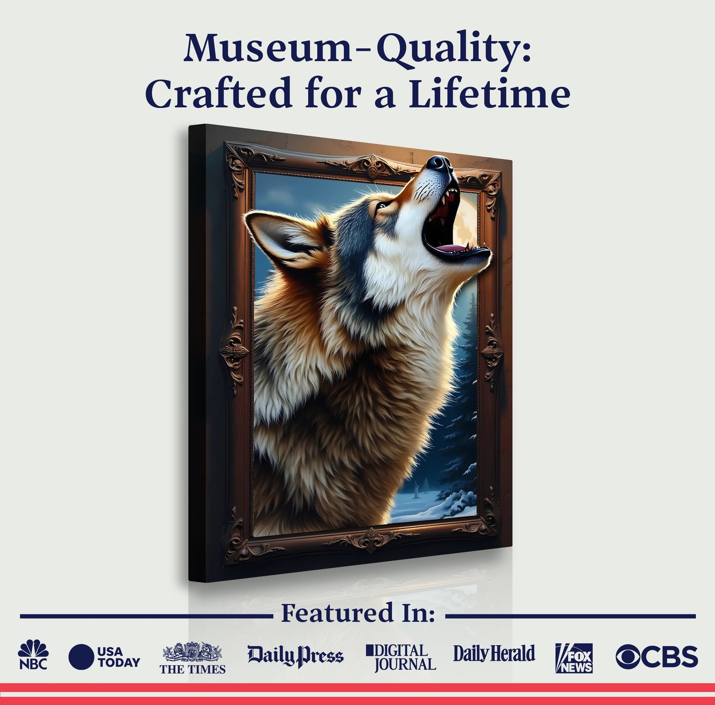 3D Wolf Wall Art canvas by Tailored Canvases, ornate framed wolf portrait on Tampa Home & Garden Store