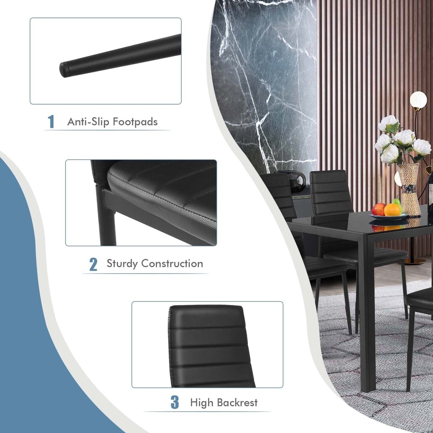 4-Piece Leather Dining Chairs Set with Metal Frame in black by DirectDeals around table on Tampa Home & Garden Store