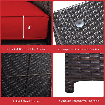 Juego de muebles de ratán para patio exterior de 4 piezas con sofá biplaza acolchado y caja de almacenamiento - Rojo