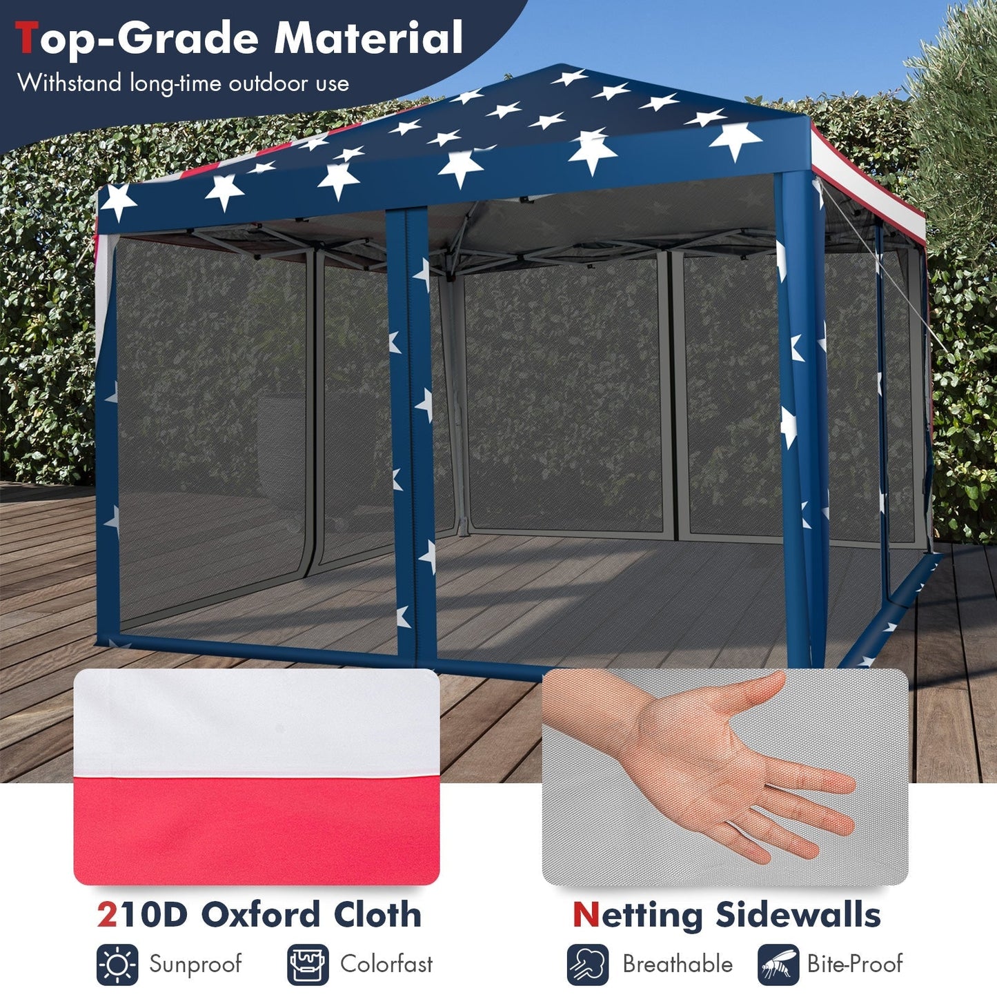 GemGear 10x10 ft pop-up canopy tent with blue star-pattern top and mesh sidewalls on Tampa Home & Garden Store