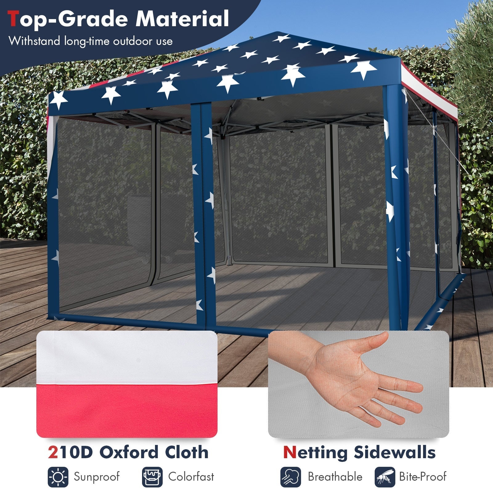 GemGear 10x10 ft pop-up canopy tent with blue star-pattern top and mesh sidewalls on Tampa Home & Garden Store