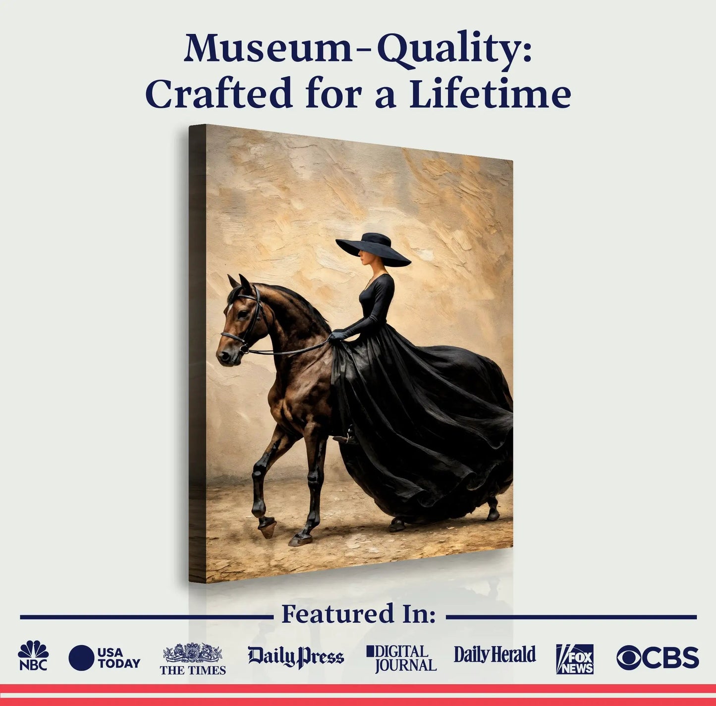 Elegant Equestrian Crafting Canvas by Tailored Canvases: rider in black dress on a horse on Tampa Home & Garden Store
