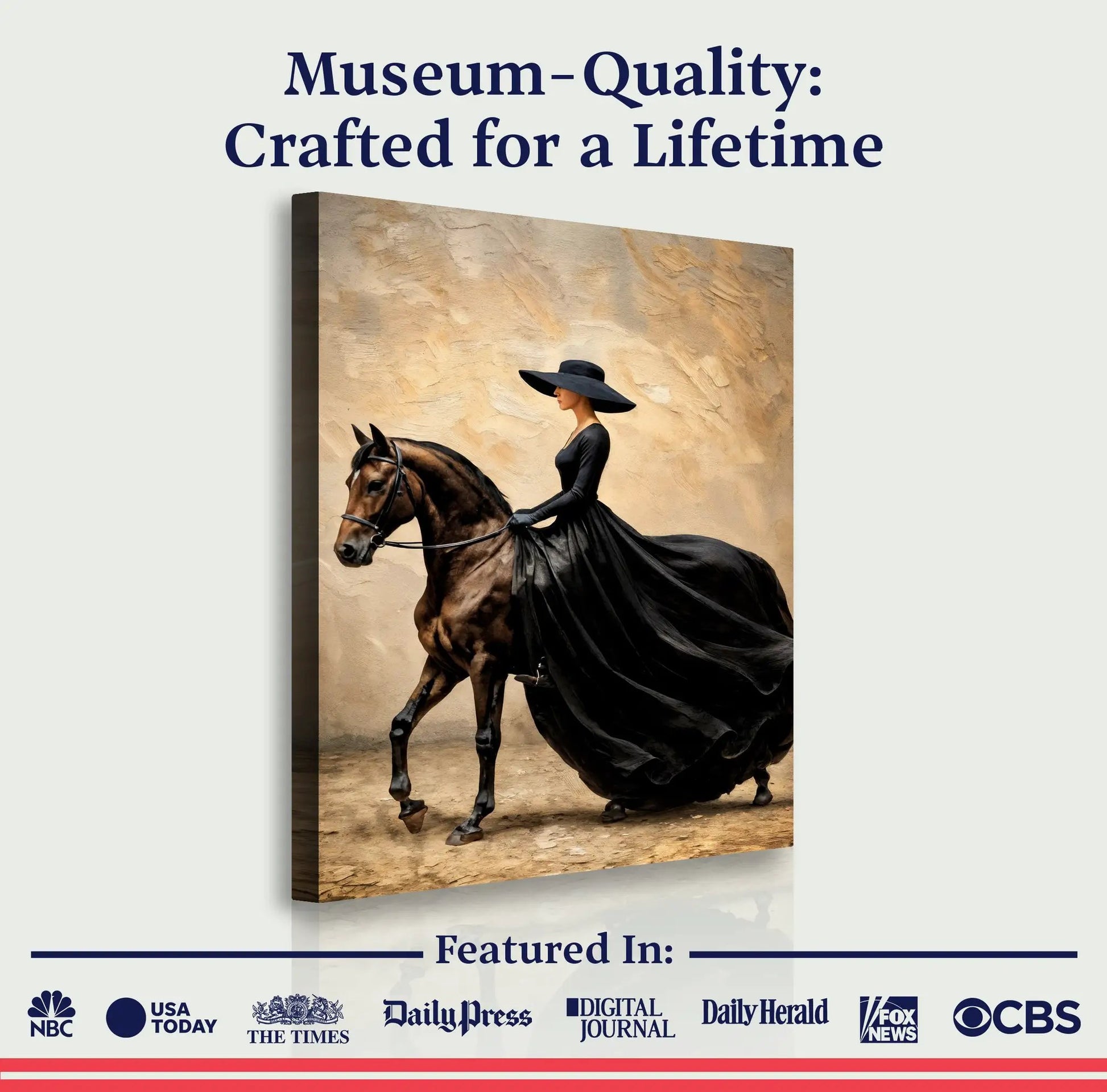 Elegant Equestrian Crafting Canvas by Tailored Canvases: rider in black dress on a horse on Tampa Home & Garden Store