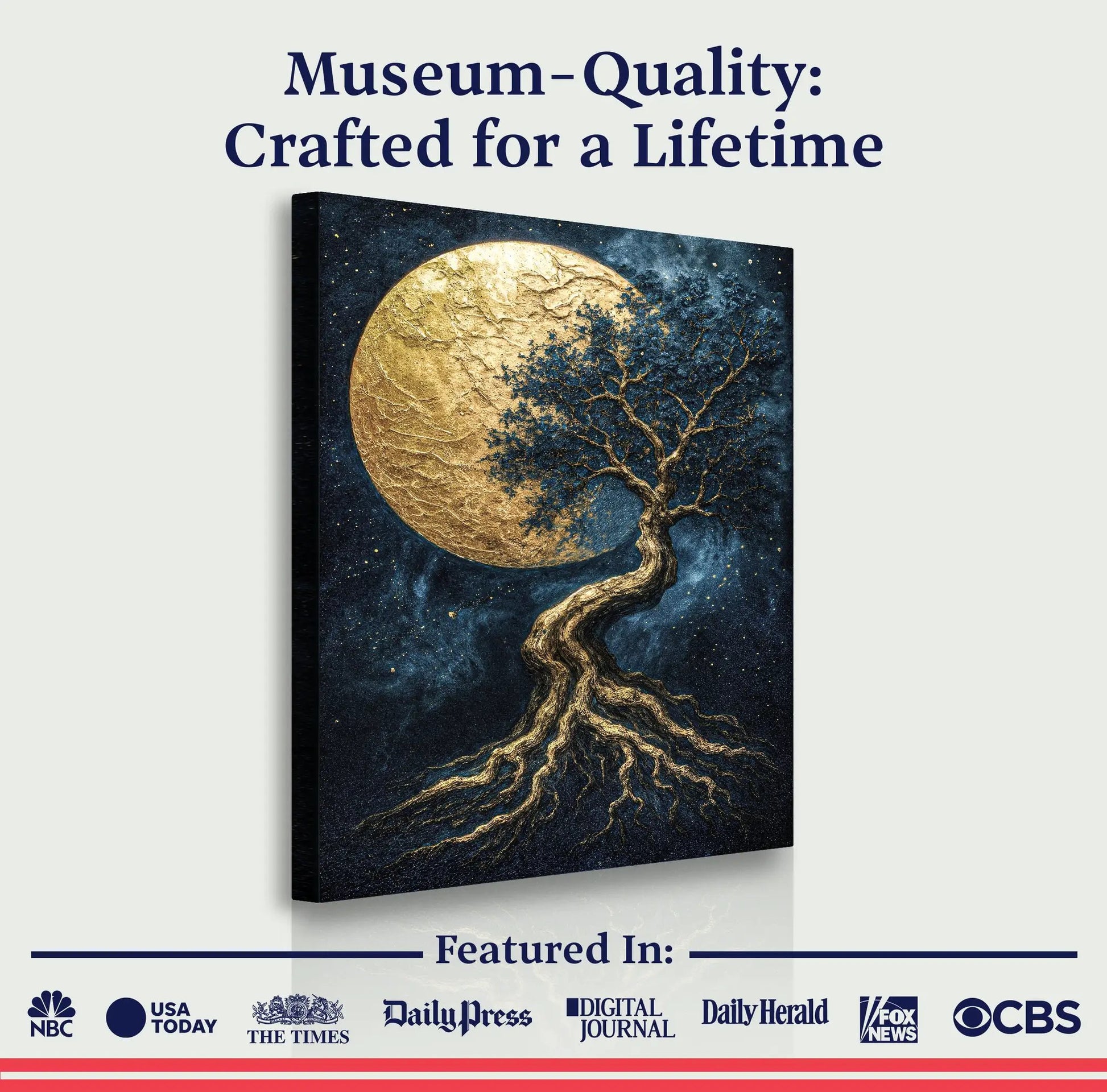 Lunar Tree of Life canvas wall art with a gold tree and gold moon on a blue cosmos Crafting Canvas on Tampa Home & Garden Store