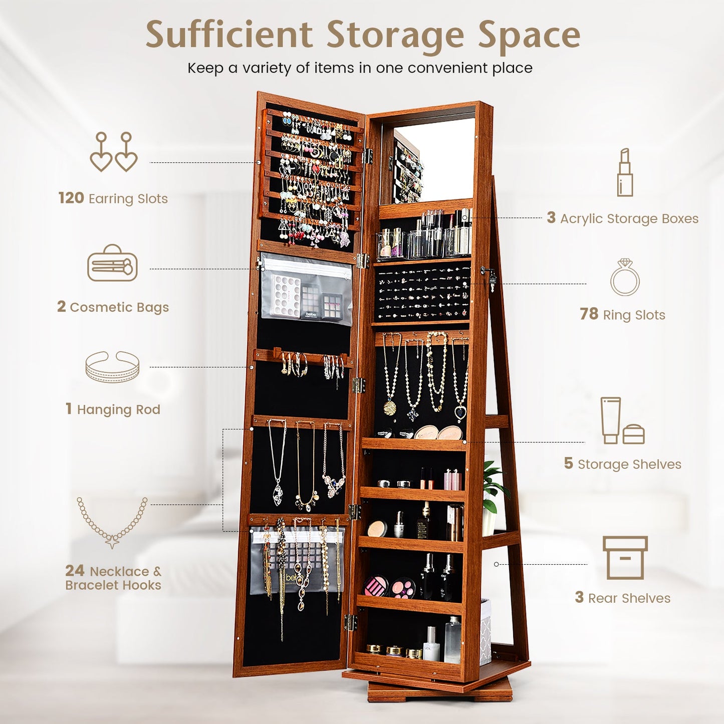 360° Rotatable 2-in-1 Lockable Jewelry Cabinet with Full-Length Mirror-Brown