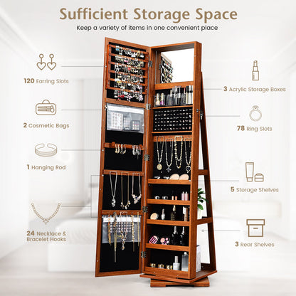 360° Rotatable 2-in-1 Lockable Jewelry Cabinet with Full-Length Mirror-Brown