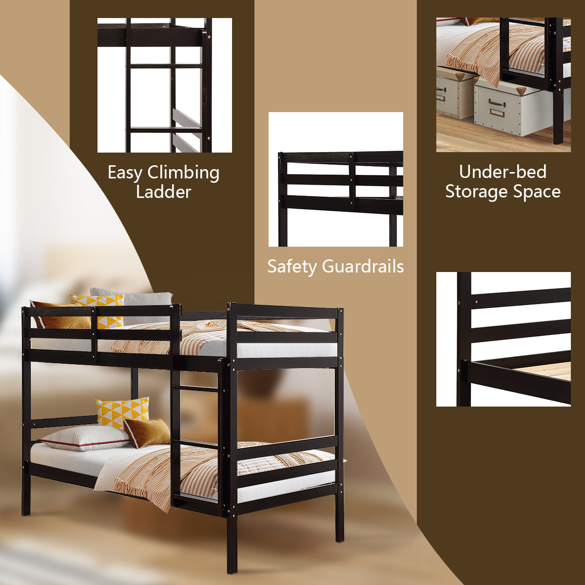 Literas dobles de madera para niños, literas de madera maciza - Marrón