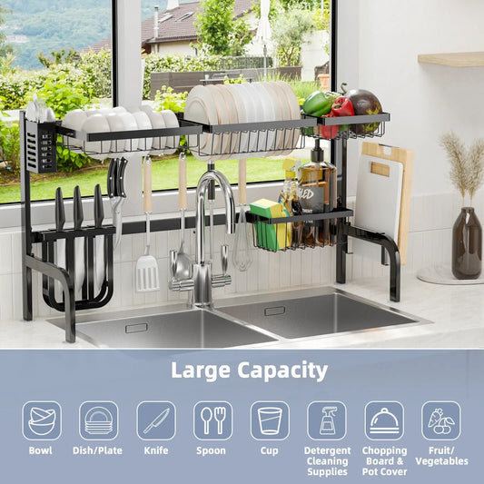 2 Tier Over Sink Dish Rack with 8 Hooks, black steel for plates and utensils on Tampa Home & Garden Store