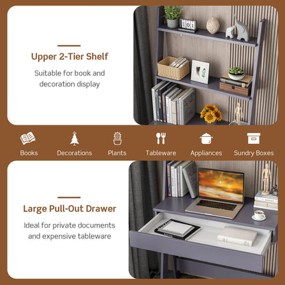 Ladder Shelf Desk with Countertop Drawer and Anti-Toppling Device-Oak