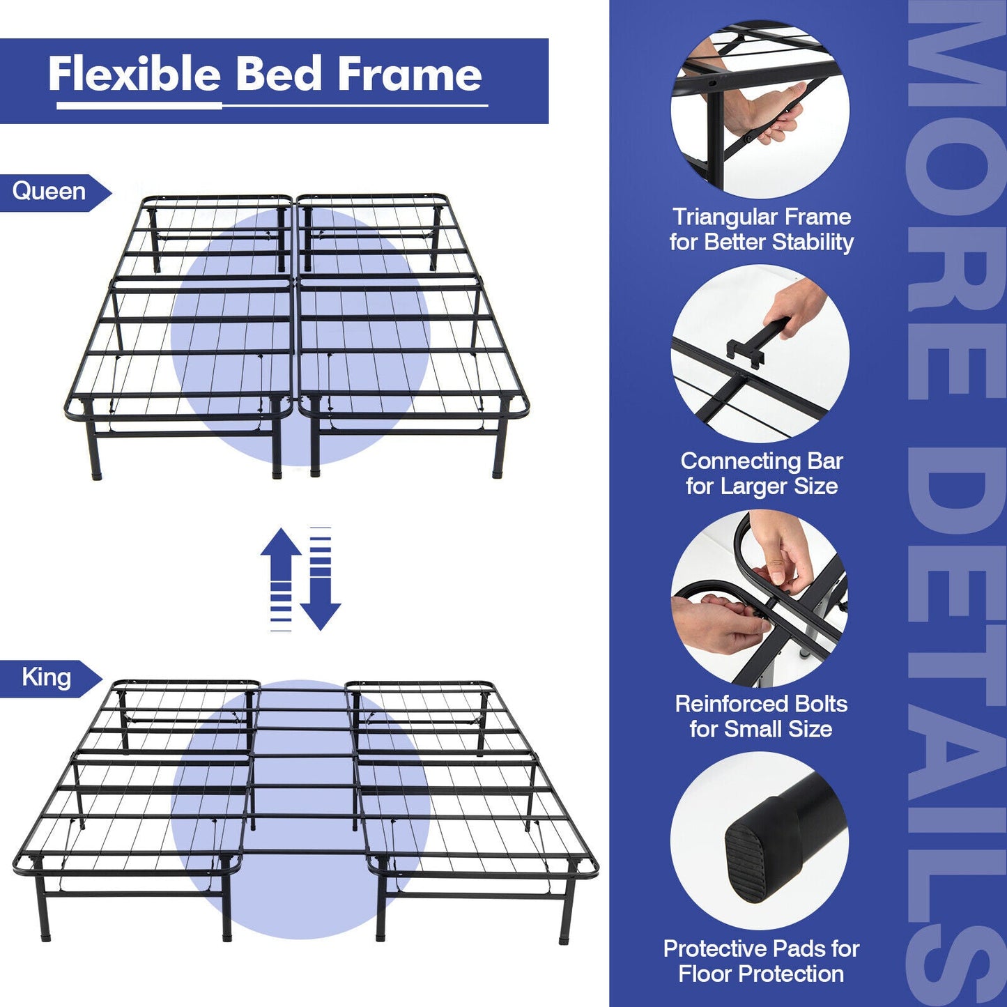 Base de cama plegable de plataforma de acero, tamaño Queen/King, para niños y adultos - Tamaño King