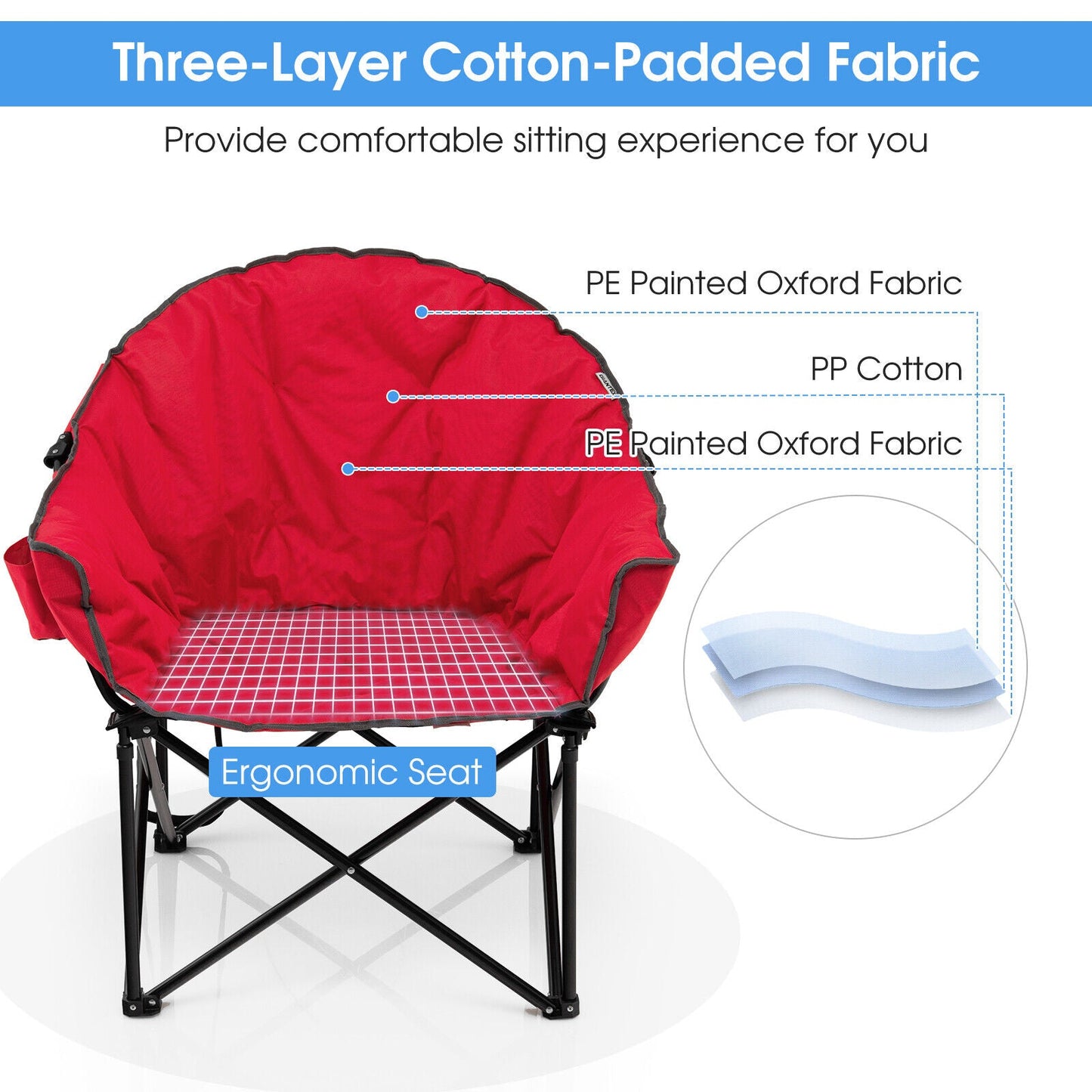 GemGear folding moon padded camping chair in red PE Oxford fabric with steel frame on Tampa Home & Garden Store
