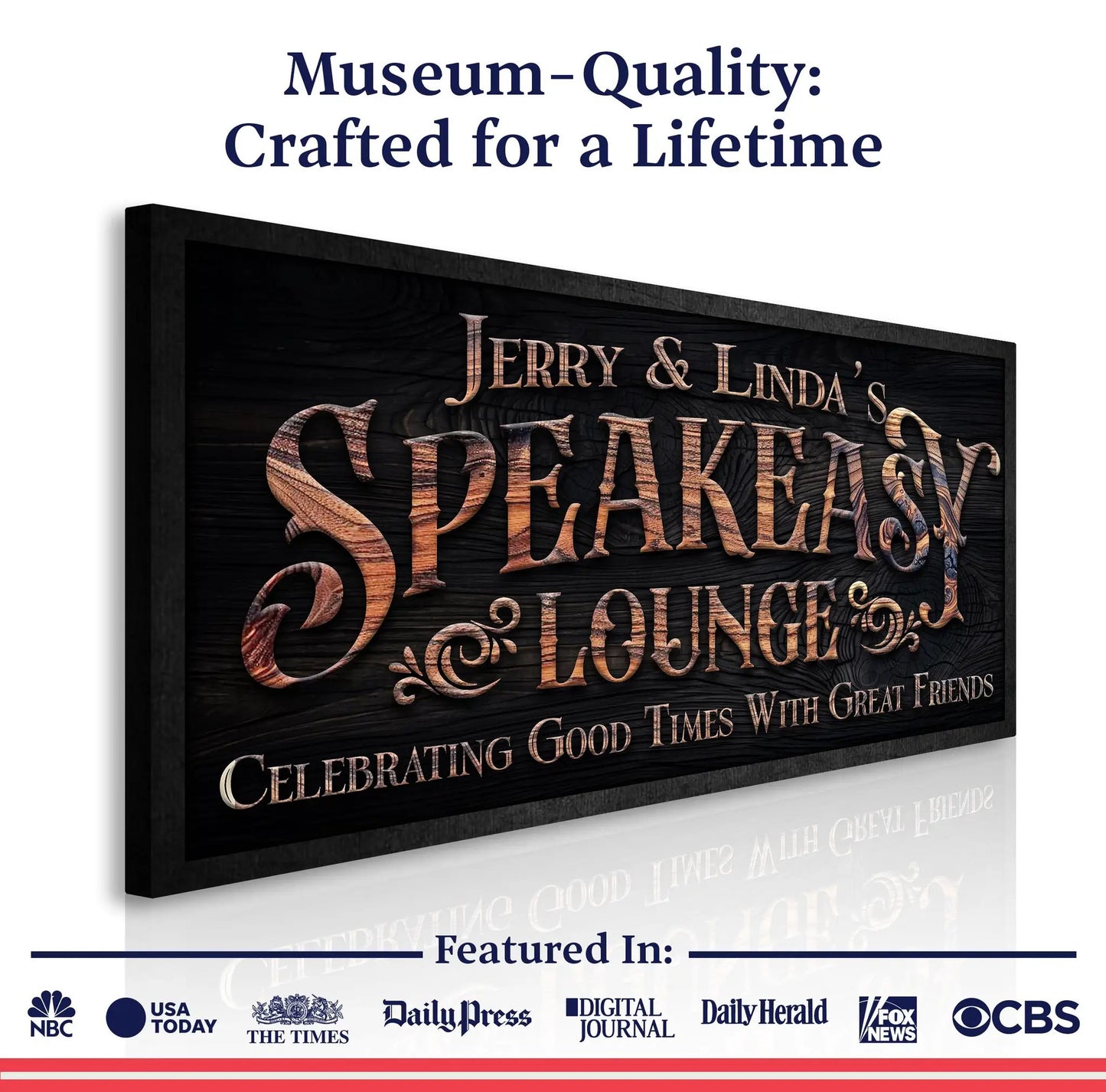 Speakeasy Lounge Wall Sign canvas with copper-toned lettering on black wood panel on Tampa Home & Garden Store