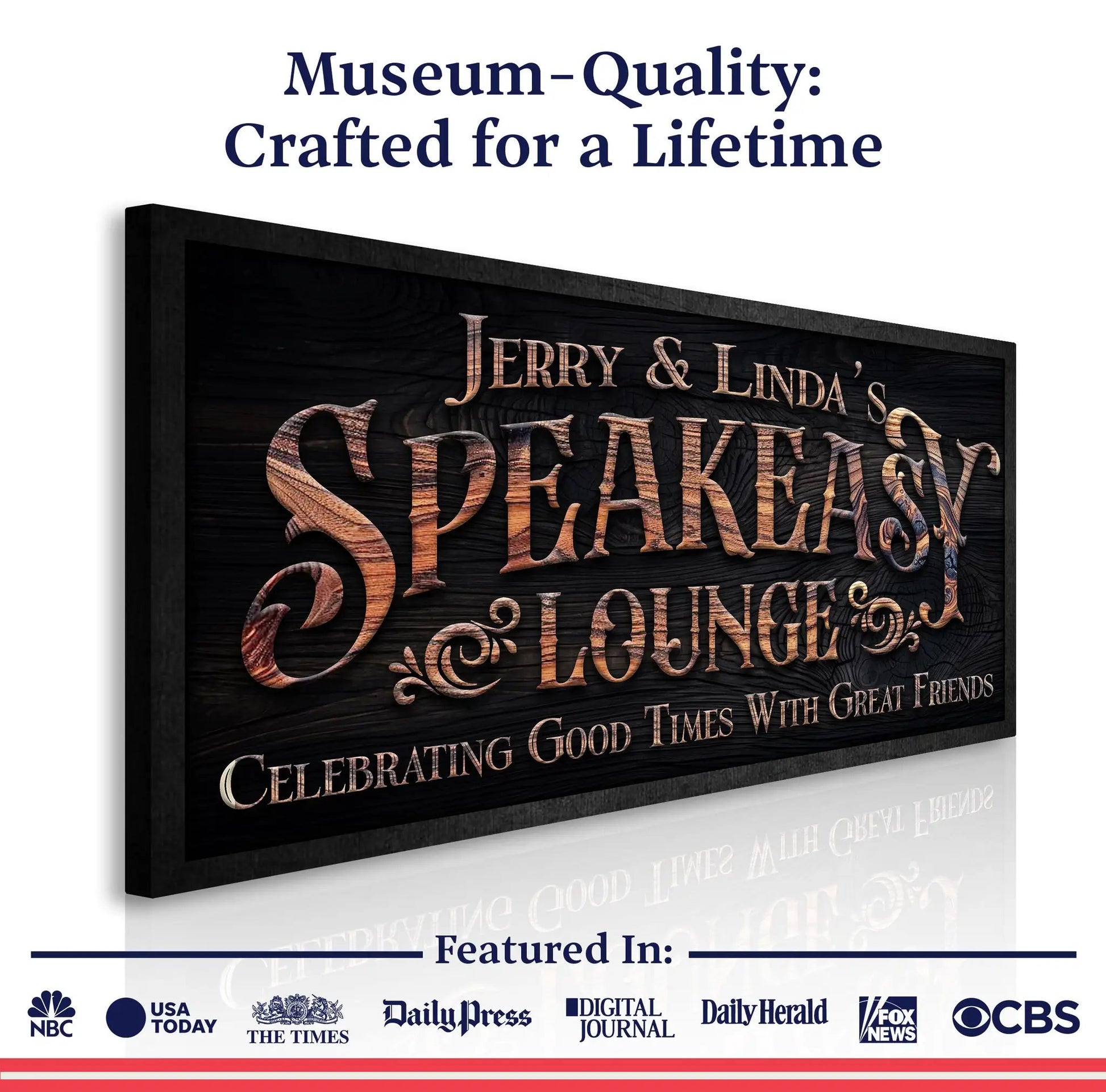 Speakeasy Lounge Wall Sign canvas with copper-toned lettering on black wood panel on Tampa Home & Garden Store
