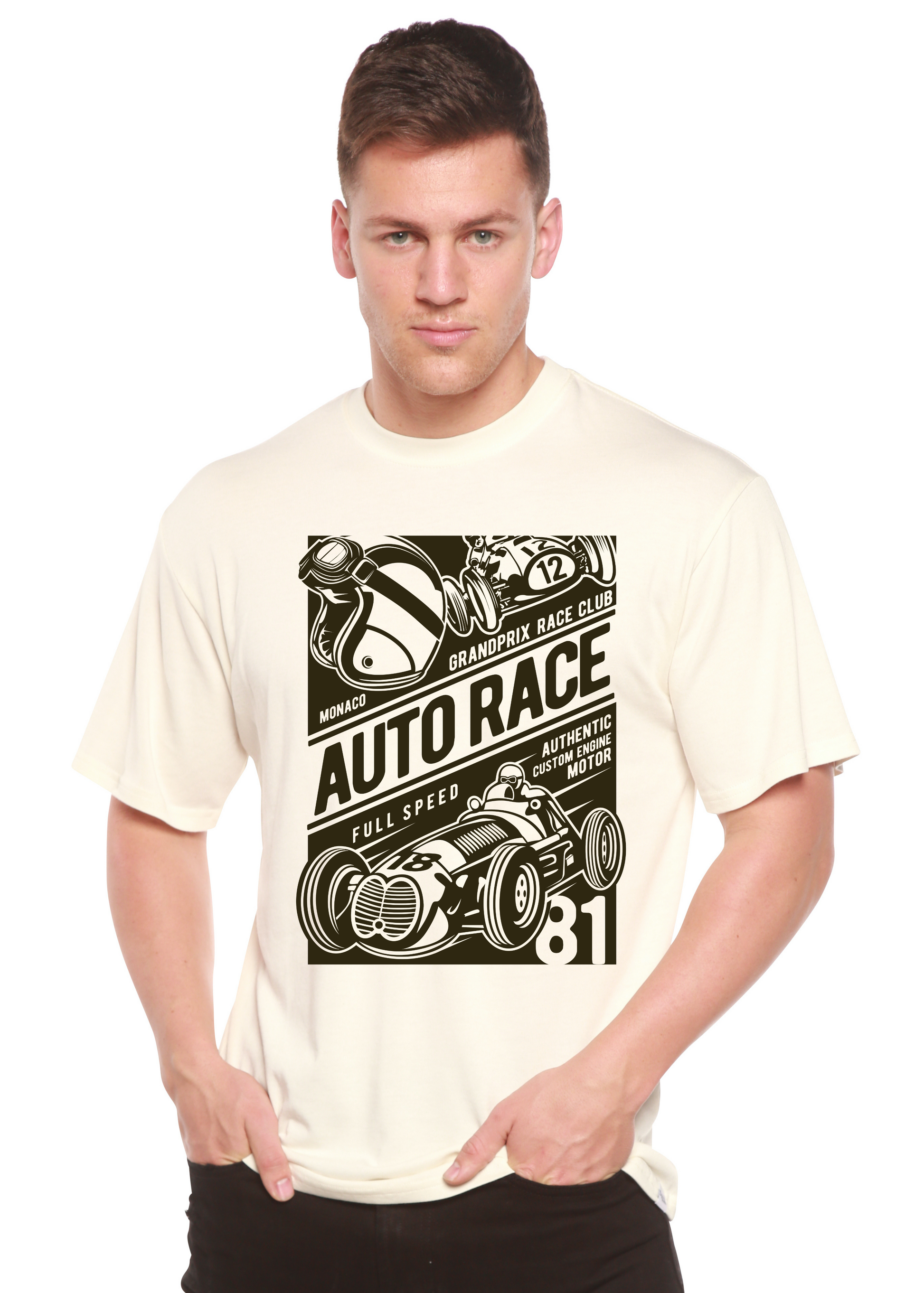 Auto Race men's printed short sleeve graphic tee in cream with bold racing graphic Spun Bamboo on Tampa Home & Garden Store