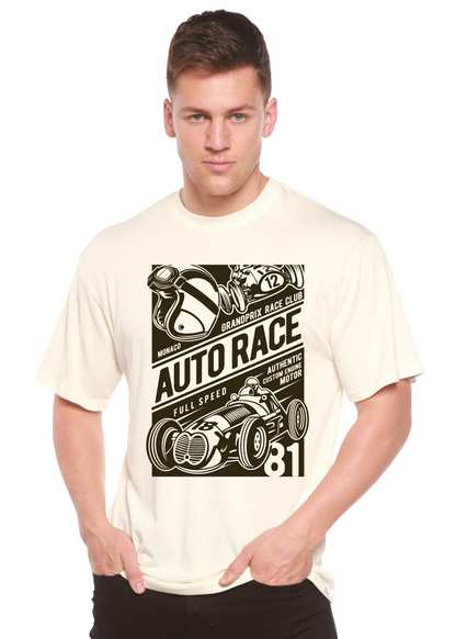 Auto Race men's printed short sleeve graphic tee in cream with bold racing graphic Spun Bamboo on Tampa Home & Garden Store