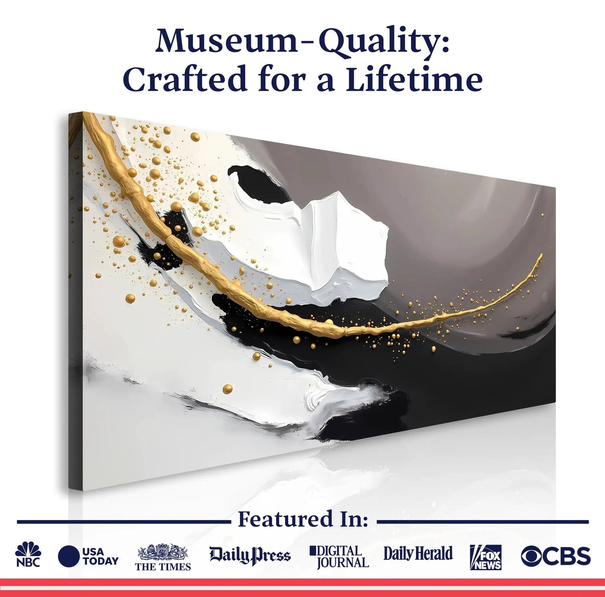 Wave Abstract Wall Art Canvas by Tailored Canvases with gold swirls on white and gray on Tampa Home & Garden Store