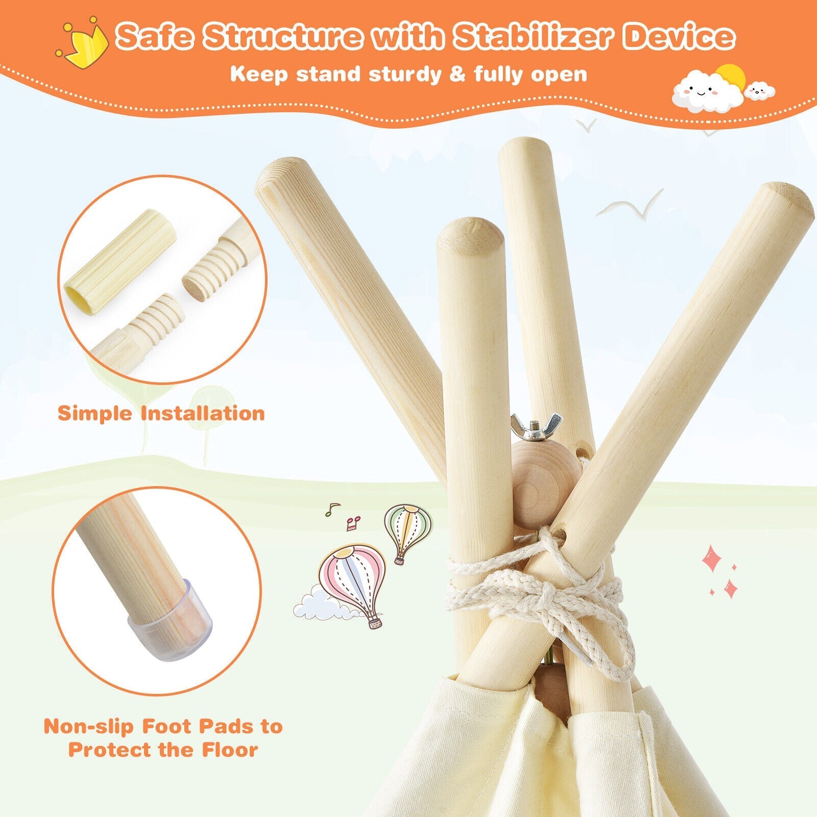Foldable Kids Canvas Teepee Play Tent GemGear with natural wooden poles and rope ties on Tampa Home & Garden Store