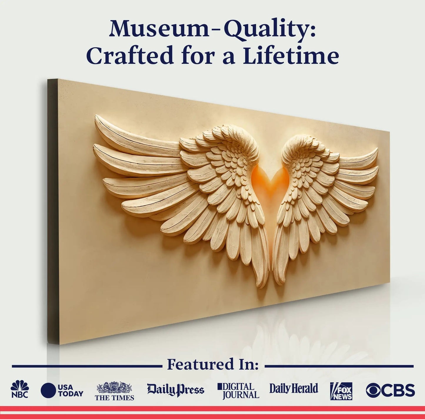Wings Of Devotion Wall Art canvas by Tailored Canvases with carved wooden wings in beige on Tampa Home & Garden Store