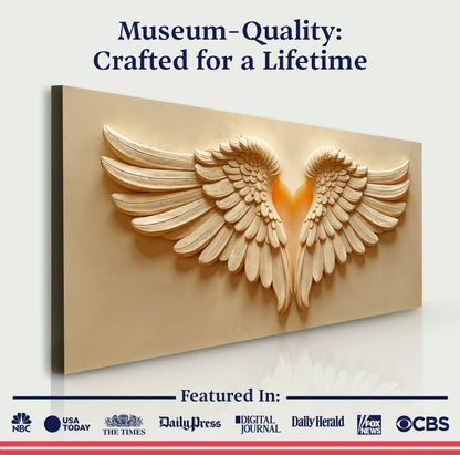 Wings Of Devotion Wall Art canvas by Tailored Canvases with carved wooden wings in beige on Tampa Home & Garden Store