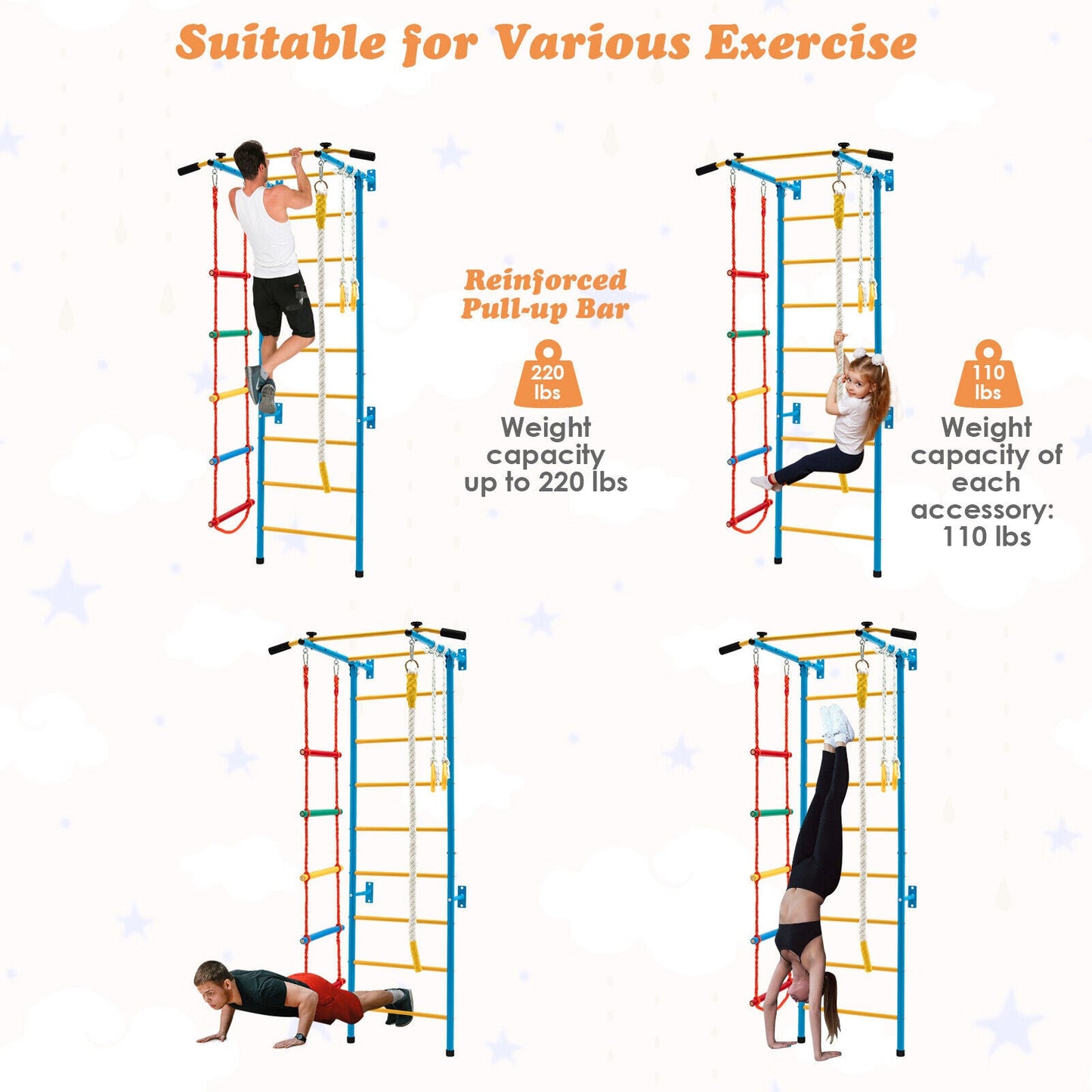 7 In 1 Kids Indoor Gym Playground Swedish Wall Ladder for Solid Wall-Yellow - Tampa Home & Garden Store