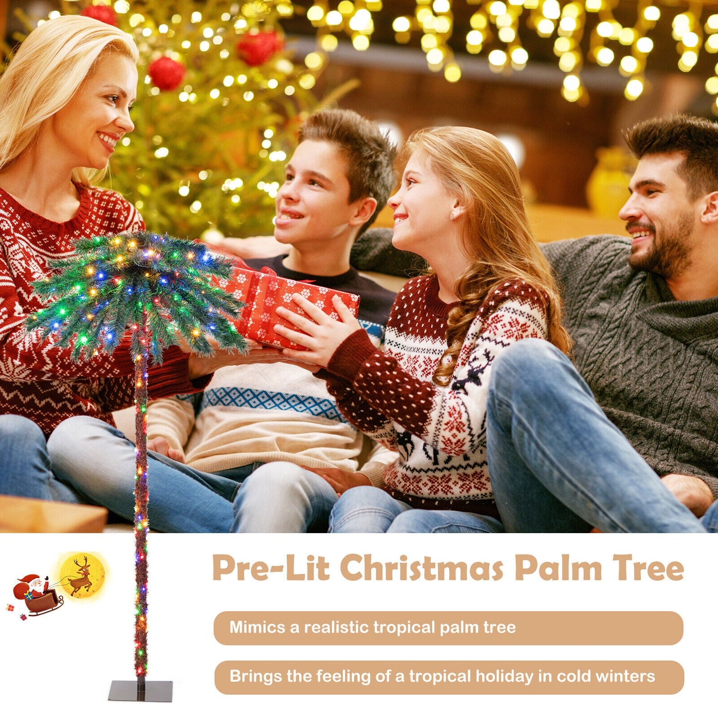 6 ft tropical pre-lit palm tree with 210 multi-color LED lights on a square black base on Tampa Home & Garden Store