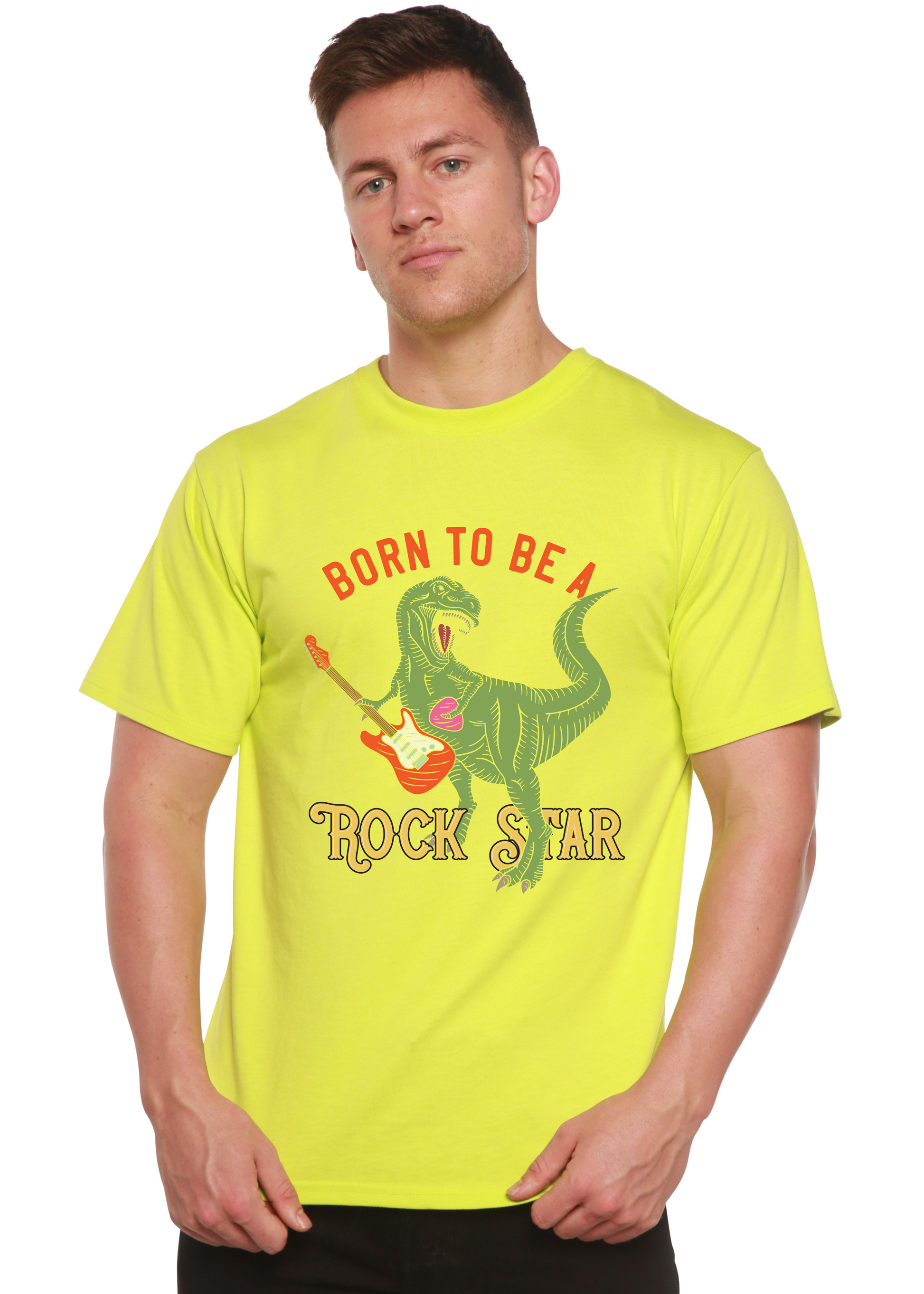 Born To Be A Rock Star T-shirt, neon yellow bamboo viscose blend with dinosaur guitar print on Tampa Home & Garden Store
