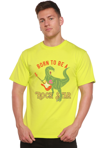 Born To Be A Rock Star T-shirt, neon yellow bamboo viscose blend with dinosaur guitar print on Tampa Home & Garden Store
