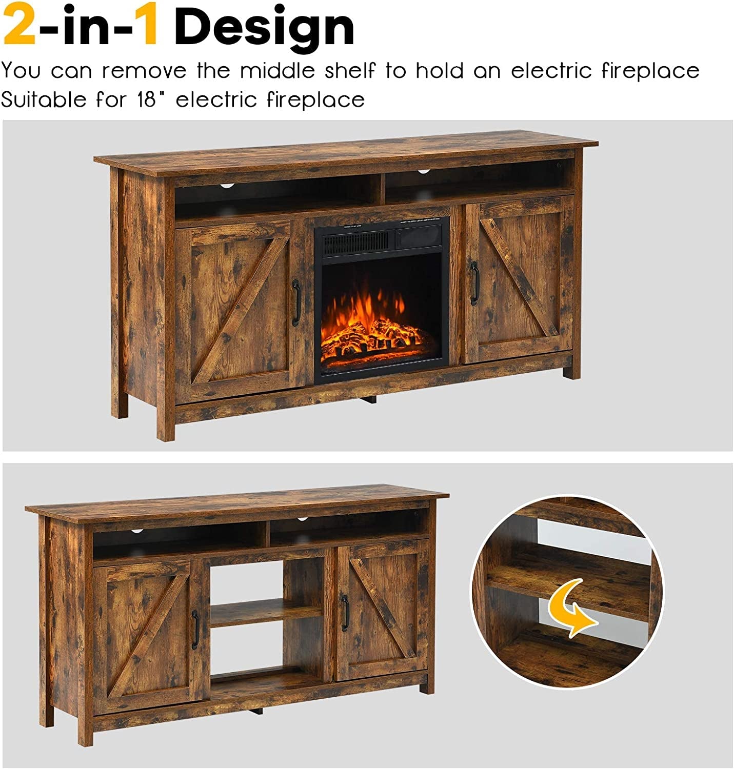 Mueble para TV Industrial de 60" con estantes y armarios, color marrón
