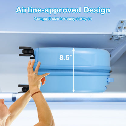 GemGear kids 14in blue carry-on hardside spinner luggage loaded into airplane overhead bin on Tampa Home & Garden Store