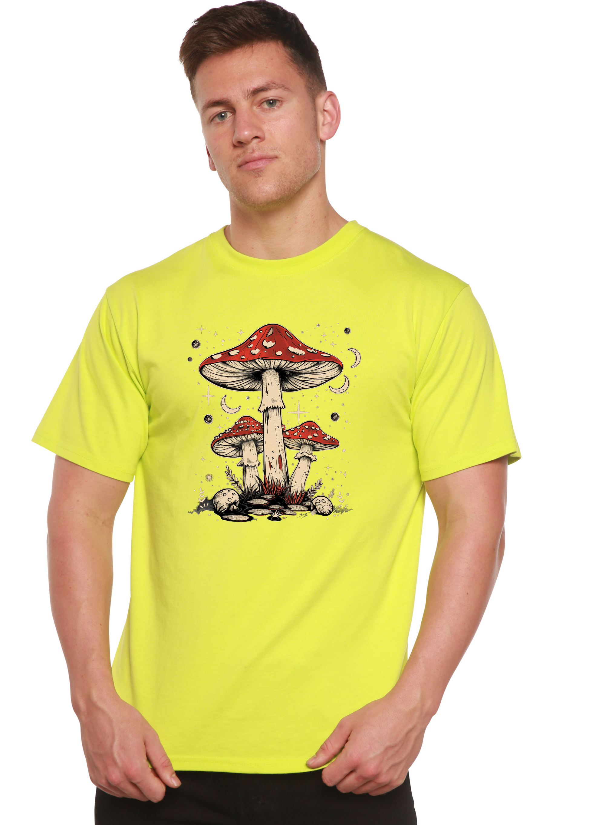 Boho retro mushrooms T-shirt, neon yellow bamboo/cotton, men's printed top by Spun Bamboo on Tampa Home & Garden Store