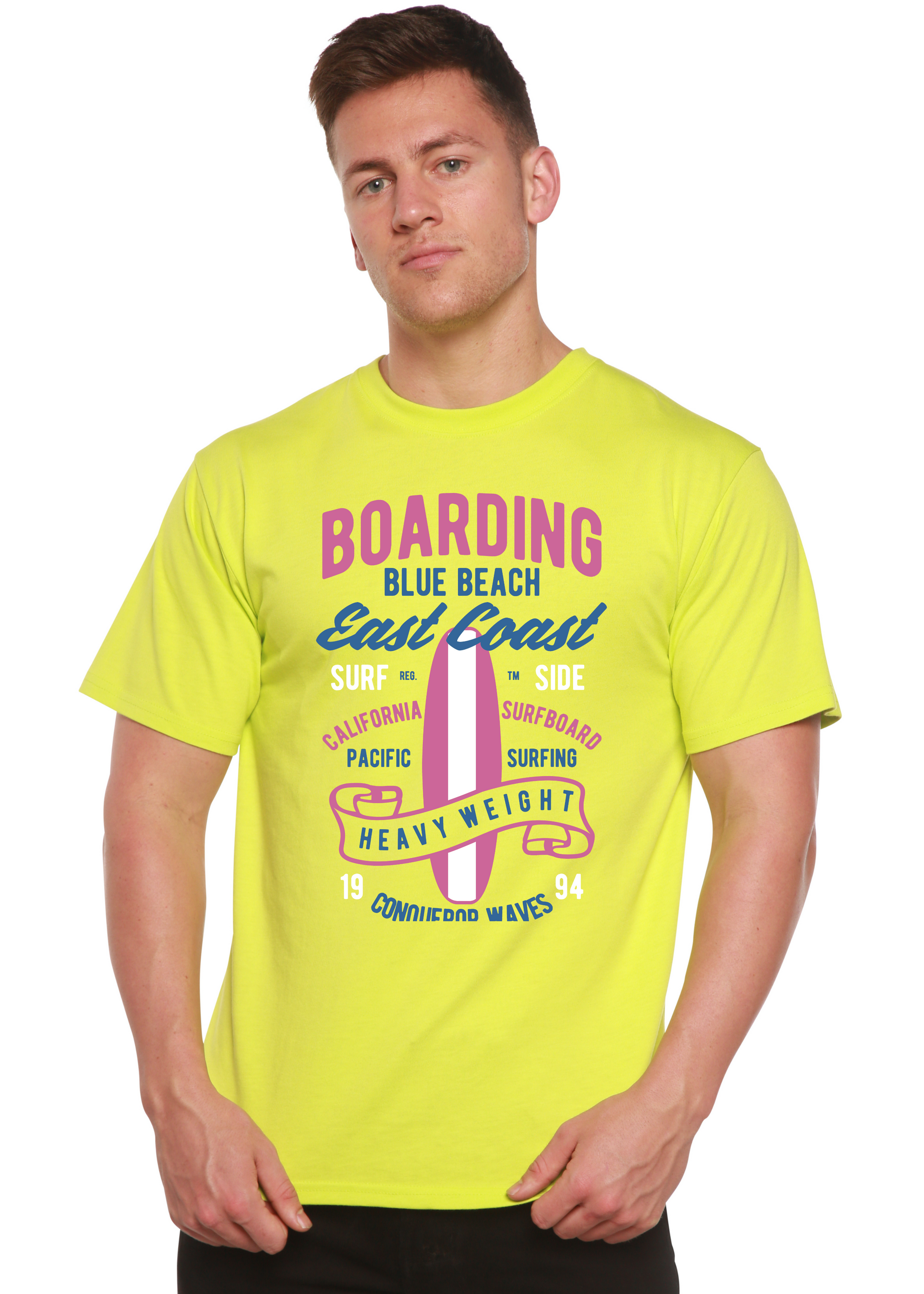 Boarding Blue Beach tee in neon lime with pink BOARDING and blue coast design Spun Bamboo on Tampa Home & Garden Store