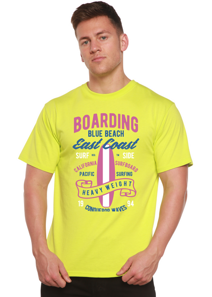 Boarding Blue Beach tee in neon lime with pink BOARDING and blue coast design Spun Bamboo on Tampa Home & Garden Store