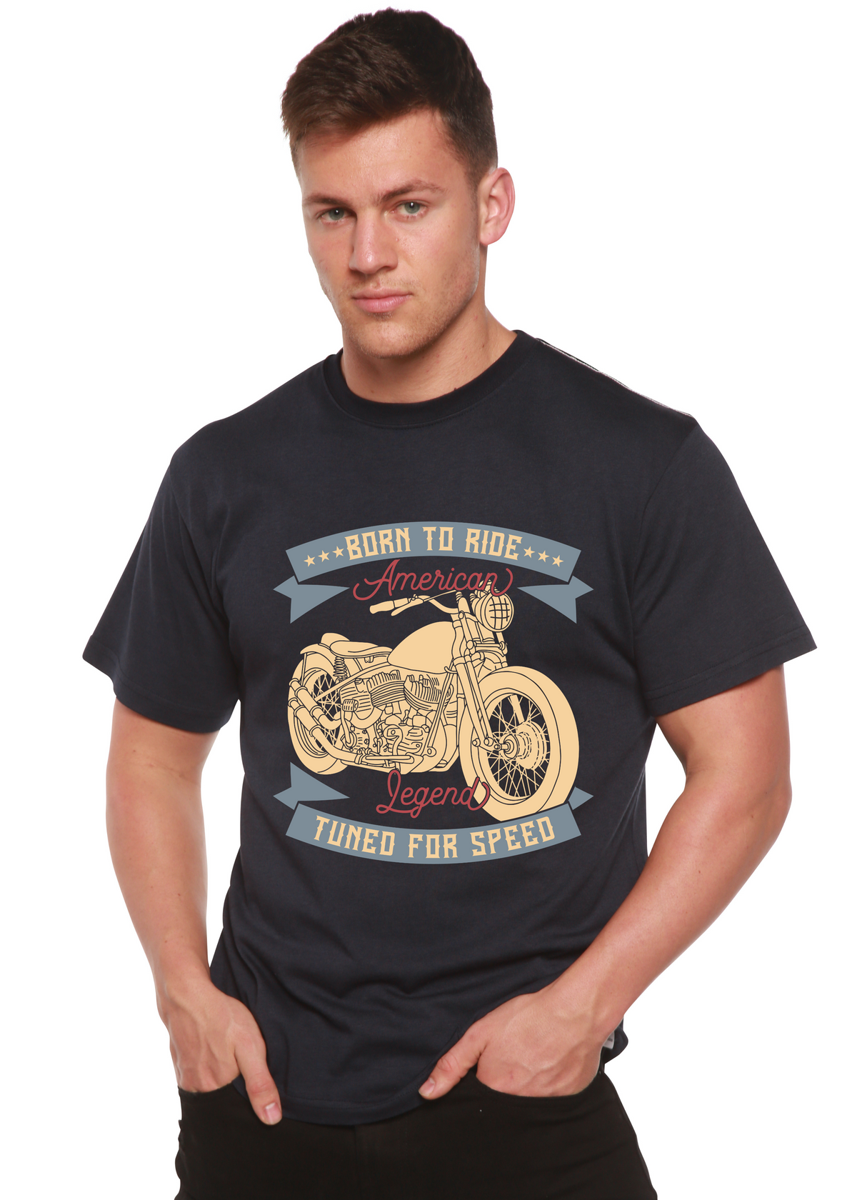 Men's navy short sleeve T-shirt by Spun Bamboo with motorcycle artwork Born To Ride design on Tampa Home & Garden Store