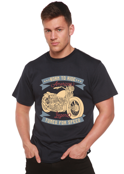 Men's navy short sleeve T-shirt by Spun Bamboo with motorcycle artwork Born To Ride design on Tampa Home & Garden Store