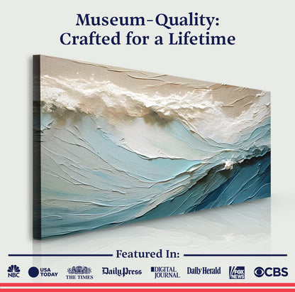 Beige minimalist wall art canvas by Tailored Canvases with textured seascape in cream and blue on Tampa Home & Garden Store