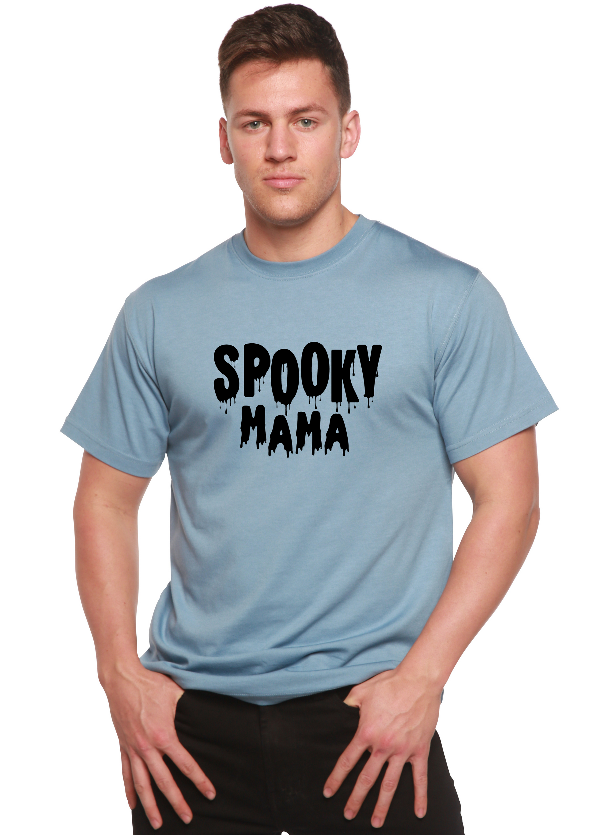 Spooky Mama men's graphic T-shirt in light blue bamboo viscose/organic cotton with dripping text on Tampa Home & Garden Store