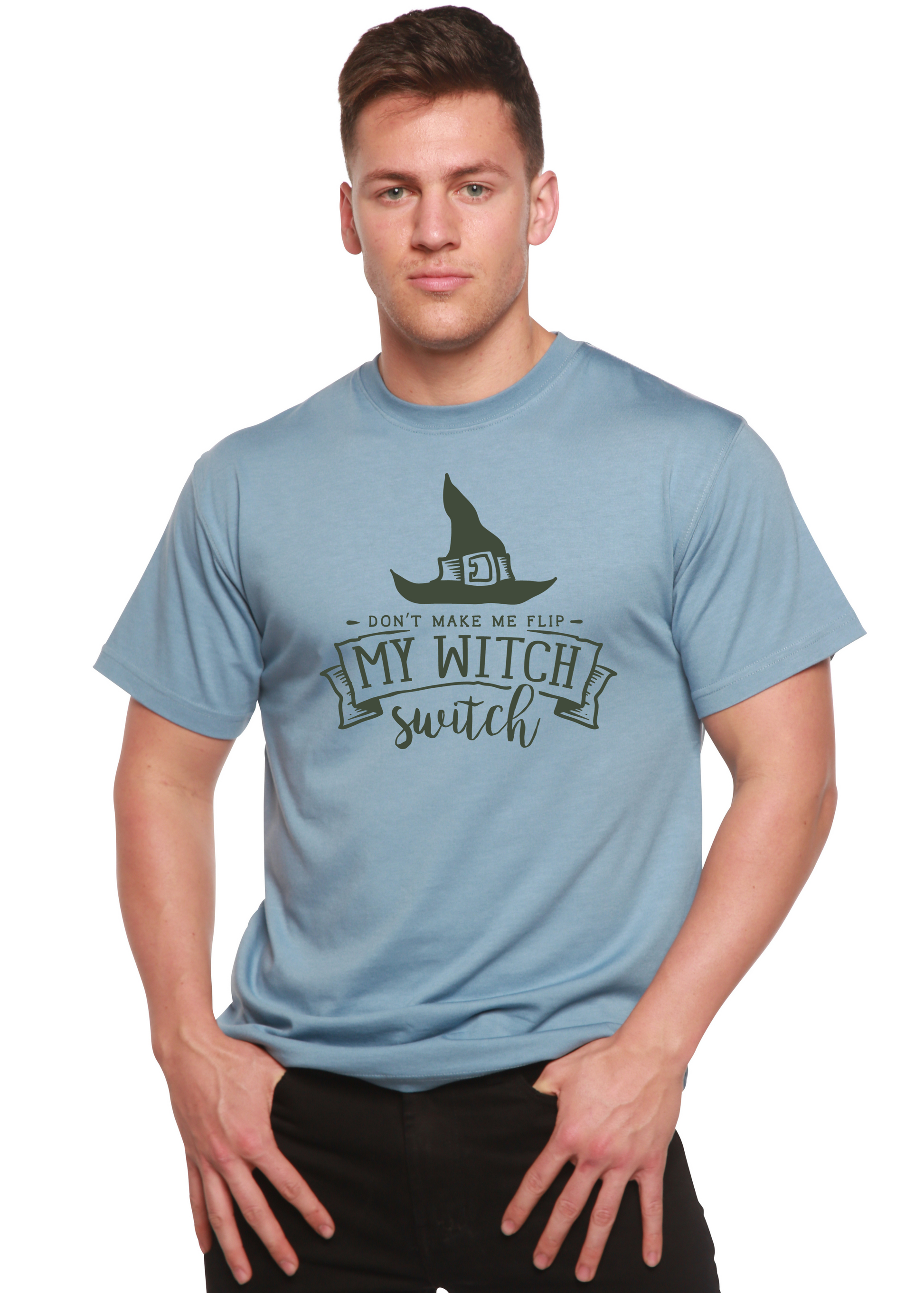 Unisex My Witch T-shirt in light blue bamboo viscose/organic cotton with witch hat graphic on Tampa Home & Garden Store