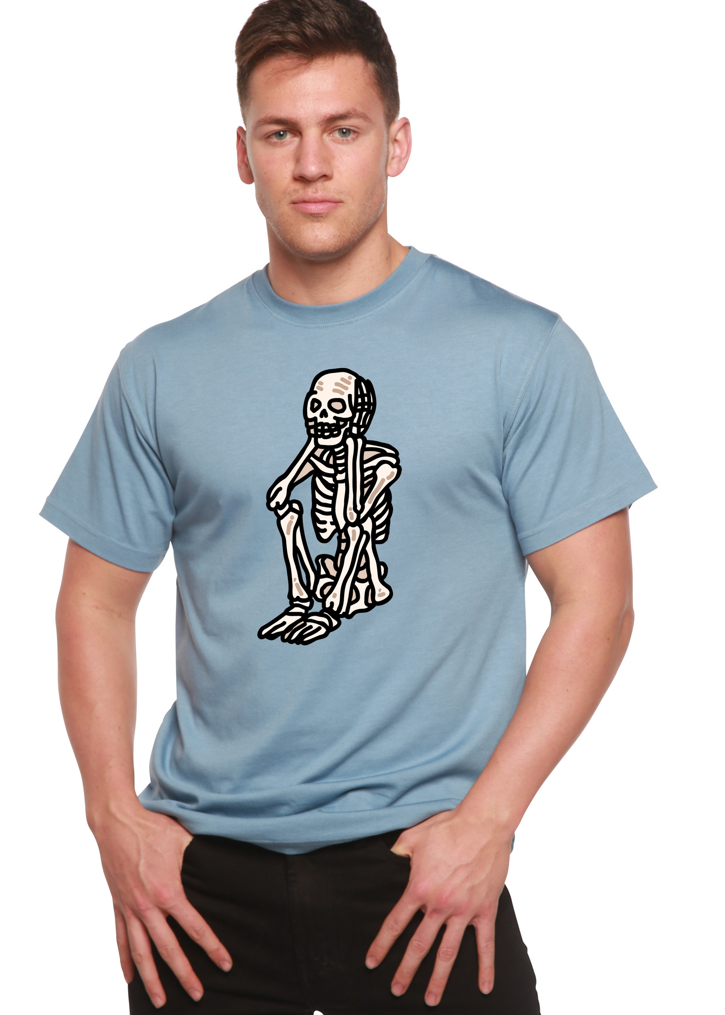 Sad Skeleton Halloween unisex bamboo tee with skeleton graphic in light blue by Spun Bamboo on Tampa Home & Garden Store