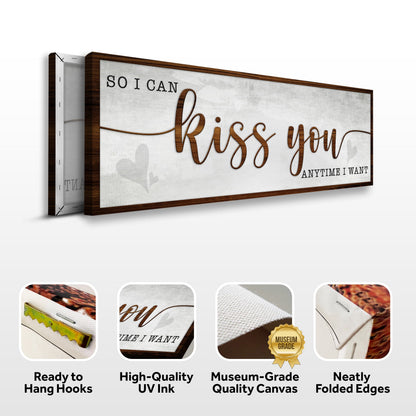 Bedroom Sign II canvas with wood frame, gray distressed background and brown script Kiss You on Tampa Home & Garden Store